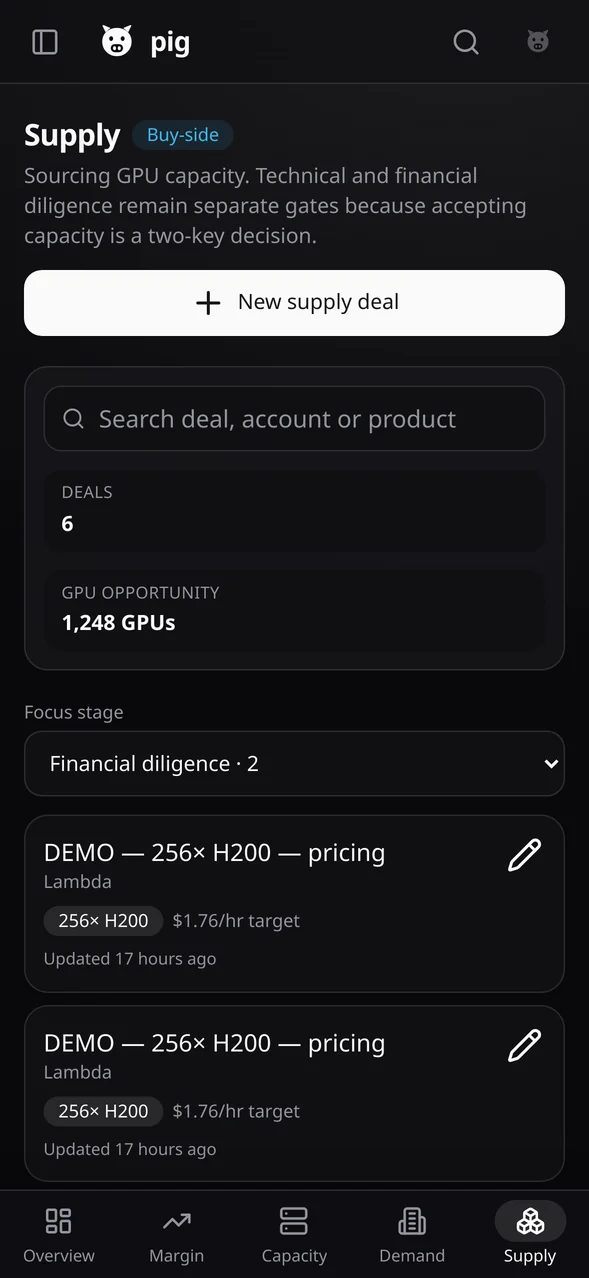 Supply pipeline at 393px in dark mode