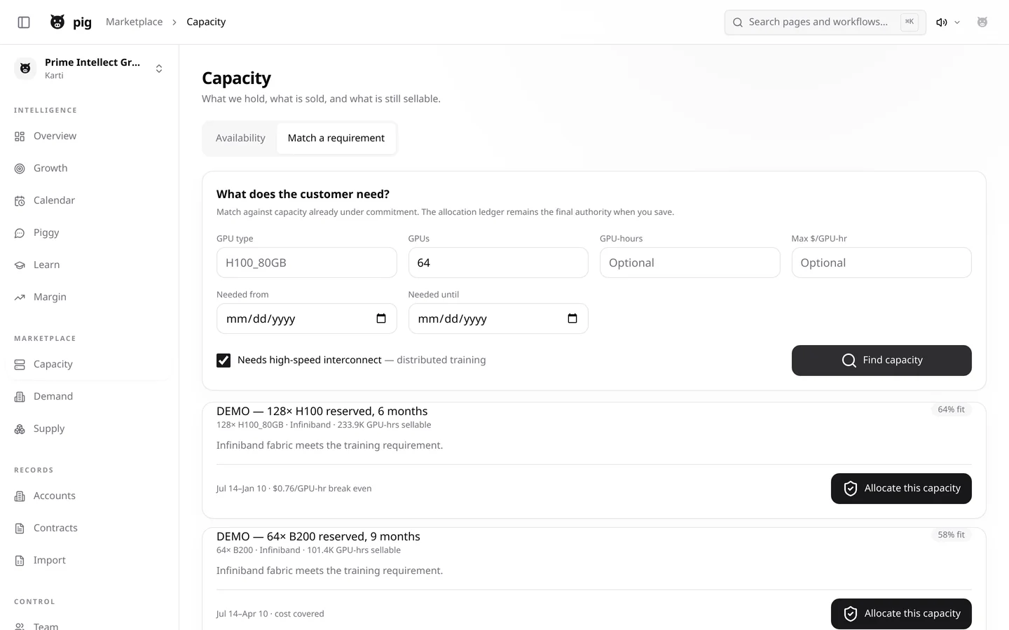 PIG capacity matcher: a requirement for 64 H100_80GB with high-speed interconnect, scored against two commitments at 64% and 58% fit with an Allocate this capacity action on each.