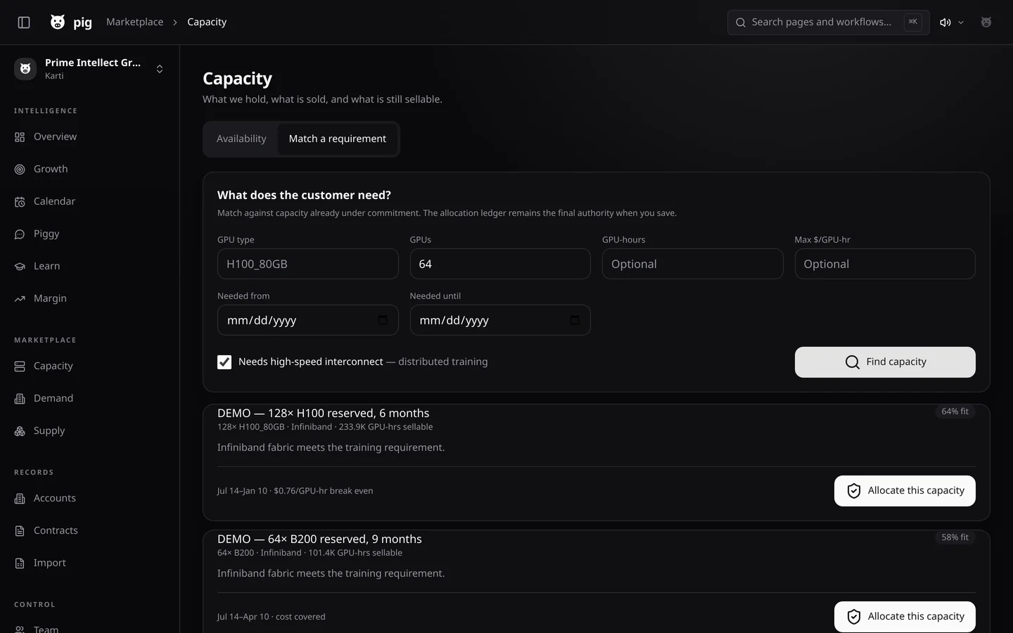 Capacity · Match a requirement, desktop, dark