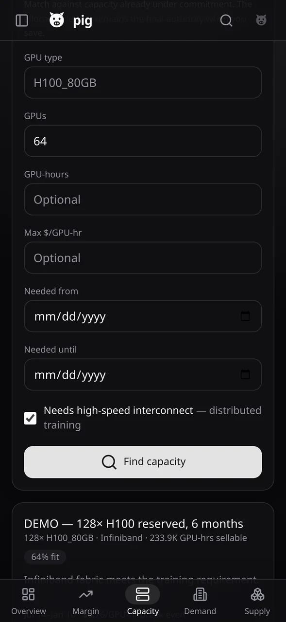Capacity · Match a requirement, 393px, dark